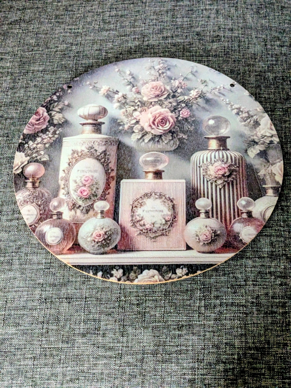Round Vintage Floral Perfume Bottle Wood Wall Art